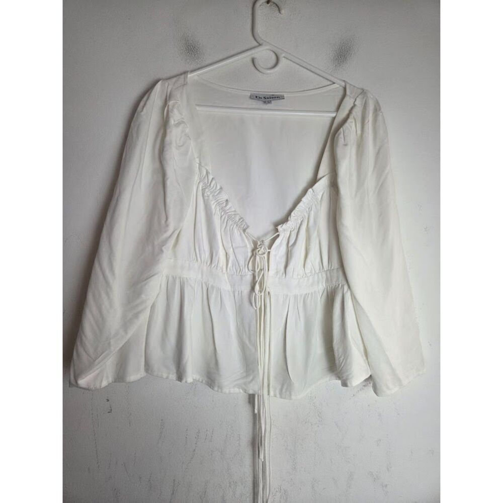En Saison White Peasant Front Tie Sweatheart Neckline Boho Blouse size Large